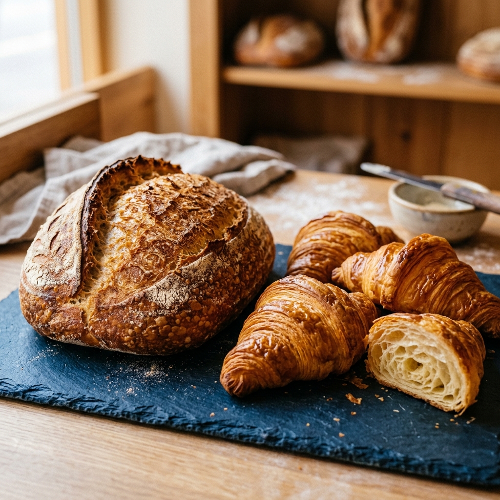Artisan sourdough bread and croissants