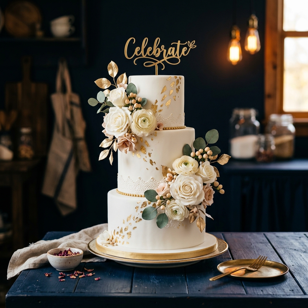 Custom celebration cake with gold and white fondant